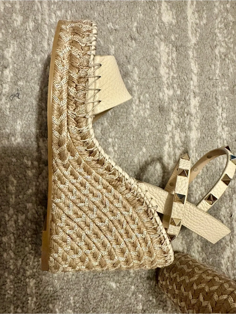 Valentino Ivory Leather Rockstud Ankle-Strap Wedge Sandals
